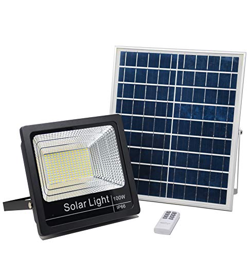 Luz Solar Exterior Mando a Distancia 100W, Foco Solar LED Luz Blanco Neutro 4000K, Lámpara Solar 180 LEDS, Iluminación Solar Hasta 15 HORAS de Luz 5000 LM