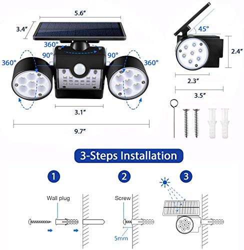 Luz Solar Exterior, Ultra Potente LED Foco Solar con Sensor de Movimiento Doble Cabeza IP65 Impermeable 360 ° Ajustable Lámpara Solar de Seguridad para Frente Puerta Yarda Jardín Garaje (1Pcs)