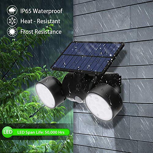 Luz Solar Exterior, Ultra Potente LED Foco Solar con Sensor de Movimiento Doble Cabeza IP65 Impermeable 360 ° Ajustable Lámpara Solar de Seguridad para Frente Puerta Yarda Jardín Garaje (1Pcs)