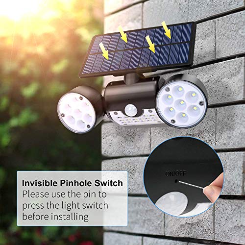 Luz Solar Exterior, Ultra Potente LED Foco Solar con Sensor de Movimiento Doble Cabeza IP65 Impermeable 360 ° Ajustable Lámpara Solar de Seguridad para Frente Puerta Yarda Jardín Garaje (1Pcs)