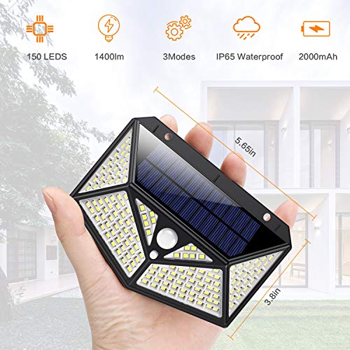 Luz Solar Exterior[Clase de Eficiencia Energética A＋] iPosible 150 LED 270 °Iluminación de Seis Lados Foco Solar con Sensor de Movimiento Impermeable Lámpara Solar 3 Modos para Jardín 2-Paquete