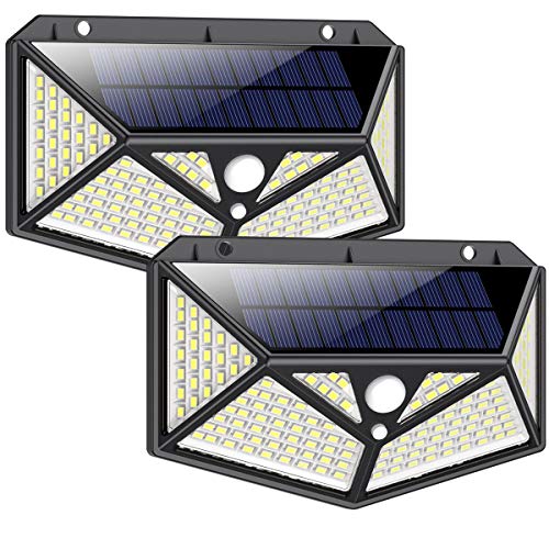 Luz Solar Exterior[Clase de Eficiencia Energética A＋] iPosible 150 LED 270 °Iluminación de Seis Lados Foco Solar con Sensor de Movimiento Impermeable Lámpara Solar 3 Modos para Jardín 2-Paquete
