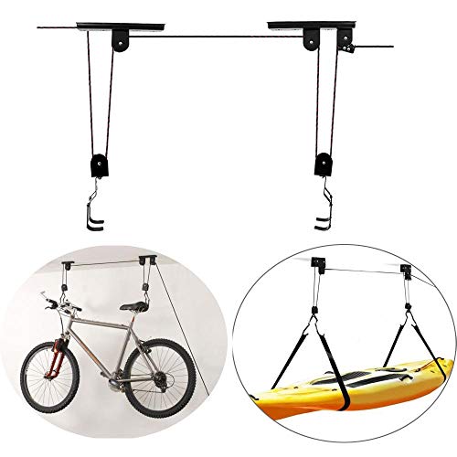 Lwieui Bicicletas Alquiler de Soporte Bicicleta de elevación montado Techo del alzamiento de Almacenamiento Garaje Percha Techo Polea Estante montado en la Pared Resistente y Duradero Caballetes