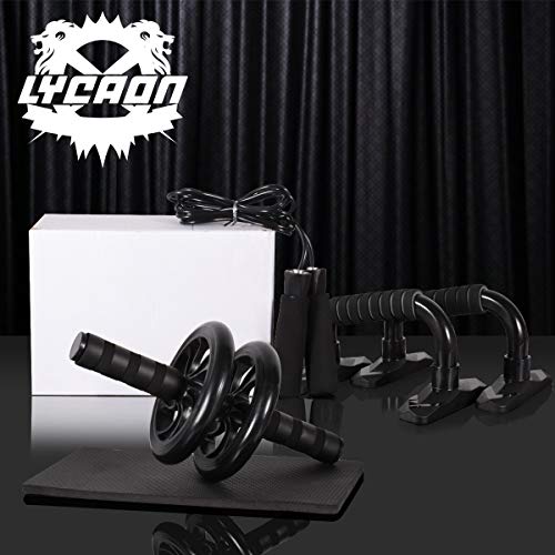 LYCAON AB Wheel Roller con Barra de Empuje, Cuerda de Saltar y Almohadilla para La Rodilla, 4 IN 1 Juego de Ruedas Giratorias para Ejercicio, Ejercicios Abdominales LYCAON AB Wheel Roller con Barra de Empuje, Cuerda de Saltar y Almohadilla para La Rodilla, 4 IN 1 Juego de Ruedas Giratorias para Ejercicio, Ejercicios Abdominales
