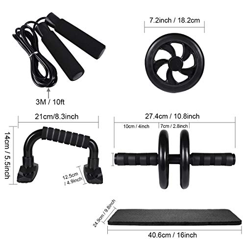 LYCAON AB Wheel Roller con Barra de Empuje, Cuerda de Saltar y Almohadilla para La Rodilla, 4 IN 1 Juego de Ruedas Giratorias para Ejercicio, Ejercicios Abdominales