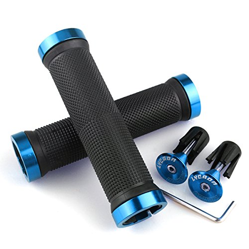 LYCAON Puños para Bicicletas de Montaña Bicicleta Manillar Apretones Doble Cierre Mango para Bicicleta Triciclo Silla de Ruedas MTB BMX (Azul, Expandable End Caps)