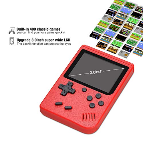 Lychee Mini Retro Consola de Juegos Portátil,Pantalla LCD de 3 Pulgadas HD Consolas de Juegos de Mano con 400 Juegos Clásicos, Cumpleaños para Niños/Adultos (Rojo)