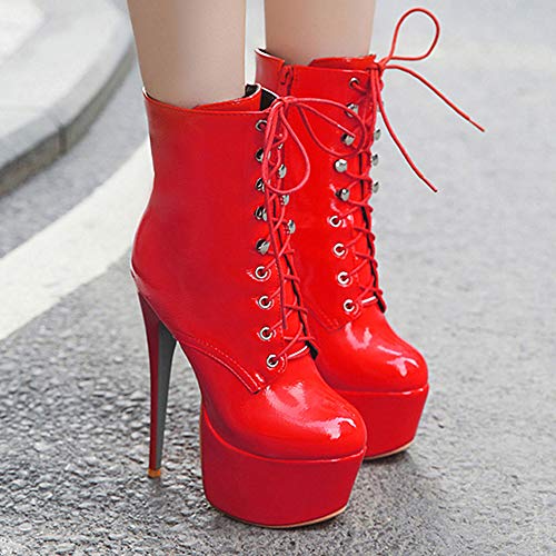 Lydee Mujer Moda Boots Ankle High Tacones de Aguja Cremallera Botas Cortas Heels Plataforma Performance Shoes Red Talla 34