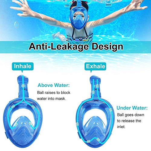 Lypumso Máscara de Buceo, Máscara Snorkel para Niños 180°Visión Panorámica, Máscara de Buceo de Cámara/GoPro Instalable Accesorios Completos y Bolsa para Guardar Incluida, Azul.