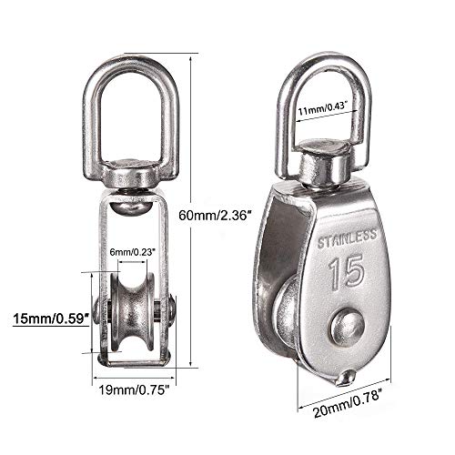 M15 Bloques de Polea de única Acero Inoxidable 304, AUHOTA 15MM Bloques de Polea Grúa, Giratoria de Polea de Gancho Simple Carga de Papel 35kg/77 libras (12Pcs)