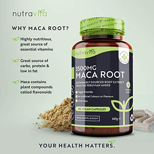 Maca Negra Andina Capsulas 3500 mg - 180 Cápsulas Veganas con Maca negra de Alta Potencia - Suministro para 6 Meses - Producto elaborado en el Reino Unido por Nutravita Maca Negra Andina Capsulas 3500 mg - 180 Cápsulas Veganas con Maca negra de Alta Potencia - Suministro para 6 Meses - Producto elaborado en el Reino Unido por Nutravita