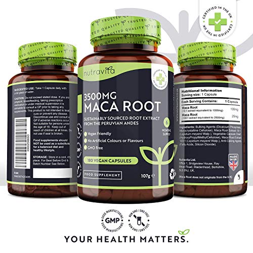 Maca Negra Andina Capsulas 3500 mg - 180 Cápsulas Veganas con Maca negra de Alta Potencia - Suministro para 6 Meses - Producto elaborado en el Reino Unido por Nutravita Maca Negra Andina Capsulas 3500 mg - 180 Cápsulas Veganas con Maca negra de Alta Potencia - Suministro para 6 Meses - Producto elaborado en el Reino Unido por Nutravita