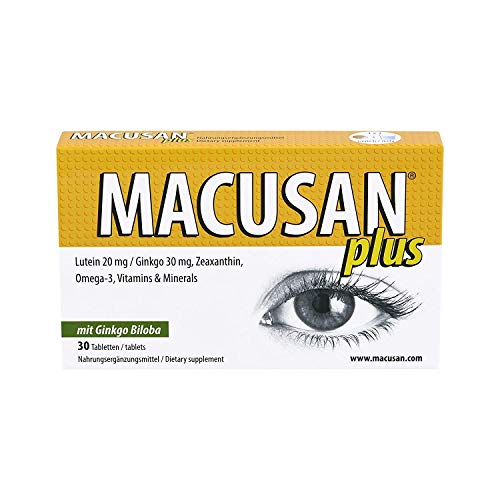 Macusan® Plus - Pastillas para los ojos - Suplementos para la salud macular - Vitaminas para los ojos con luteína zeaxantina Ginkgo Biloba y Omega 3 para mejorar las tabletas de vitaminas para la vista relacionadas con la edad y la vista - Premium Alemani