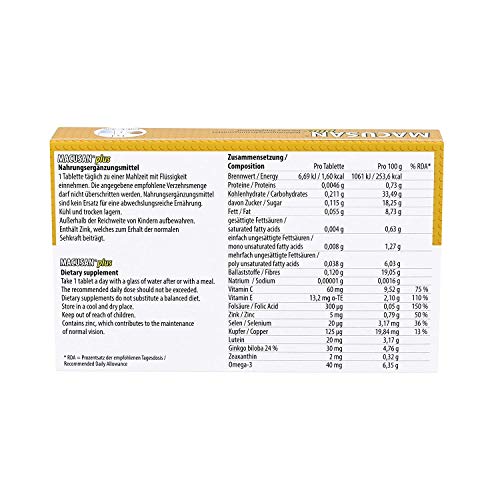 Macusan® Plus - Pastillas para los ojos - Suplementos para la salud macular - Vitaminas para los ojos con luteína zeaxantina Ginkgo Biloba y Omega 3 para mejorar las tabletas de vitaminas para la vista relacionadas con la edad y la vista - Premium Alemani