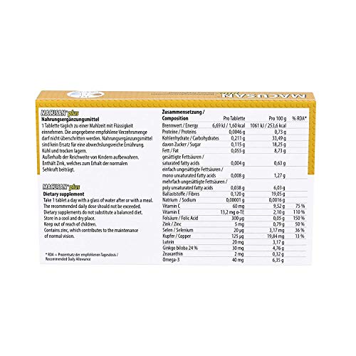 Macusan® Plus - Pastillas para los ojos - Suplementos para la salud macular - Vitaminas para los ojos con luteína zeaxantina Ginkgo Biloba y Omega 3 para mejorar las tabletas de vitaminas para la vista relacionadas con la edad y la vista - Premium Alemani Macusan® Plus - Pastillas para los ojos - Suplementos para la salud macular - Vitaminas para los ojos con luteína zeaxantina Ginkgo Biloba y Omega 3 para mejorar las tabletas de vitaminas para la vista relacionadas con la edad y la vista - Premium Alemani