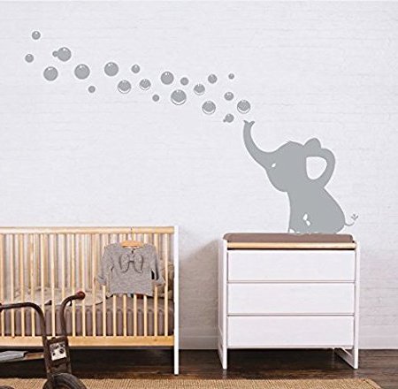 MAFENT Un Adorable Elefante Soplar Burbujas Wall Decal Vinilo Etiqueta de la Pared Para Cuarto de Niños Bebe Habitación Decoraciones (Gris,Izquierda)