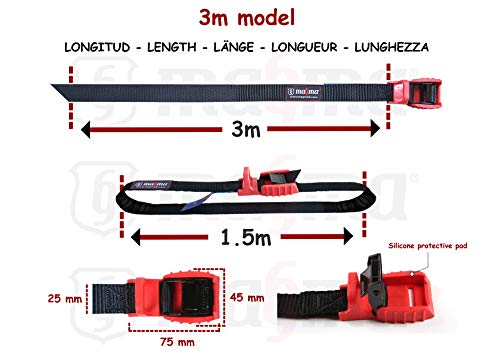 MAGMA Pack 2 Cinchas de Amarre de 3m | Correas para Baca Coche y Portabicicletas. Surf, Bici, Kayak, Moto | Hebilla -Trinquete con Protección de Goma para no rayar | Carga Segura - SWL: 250kgf Rojo