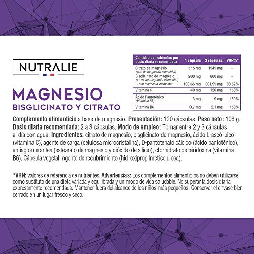 Magnesio con Vitaminas B5, B6 y C | Bisglicinato y Citrato de Magnesio 100% Biodisponible | 120 Cápsulas de 715 mg | Nutralie Magnesio con Vitaminas B5, B6 y C | Bisglicinato y Citrato de Magnesio 100% Biodisponible | 120 Cápsulas de 715 mg | Nutralie