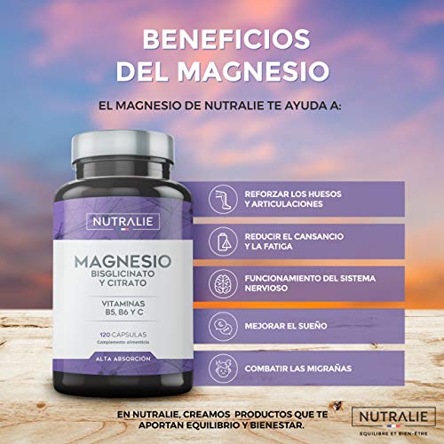 Magnesio con Vitaminas B5, B6 y C | Bisglicinato y Citrato de Magnesio 100% Biodisponible | 120 Cápsulas de 715 mg | Nutralie Magnesio con Vitaminas B5, B6 y C | Bisglicinato y Citrato de Magnesio 100% Biodisponible | 120 Cápsulas de 715 mg | Nutralie