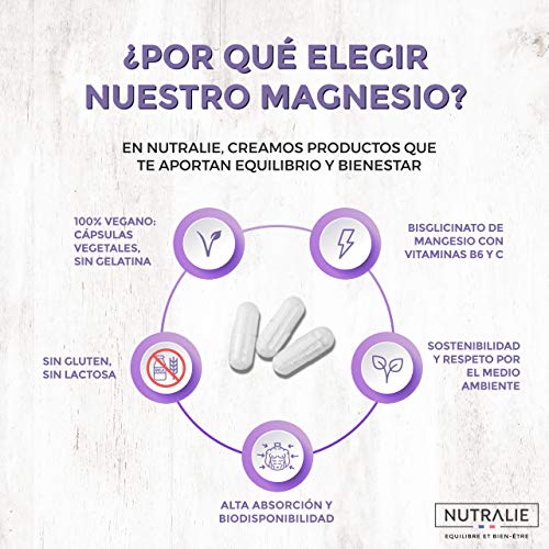 Magnesio con Vitaminas B5, B6 y C | Bisglicinato y Citrato de Magnesio 100% Biodisponible | 120 Cápsulas de 715 mg | Nutralie Magnesio con Vitaminas B5, B6 y C | Bisglicinato y Citrato de Magnesio 100% Biodisponible | 120 Cápsulas de 715 mg | Nutralie