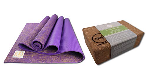 Maji Sports - Esterilla de yoga de yute + bloque de corcho para yoga y pilates (morado, 24 x 68 x 4,5 mm)