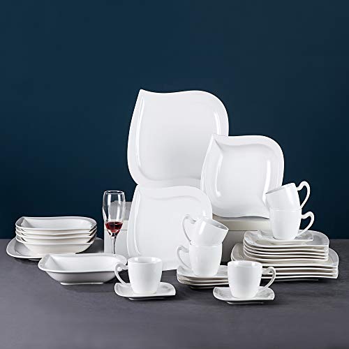 MALACASA, serie Elvira, 32 piezas Vajillas de porcelana,6 tazas de café,6 platillos,6 platos de postre, 6platos hondos,6 plato llano y 2 Plato Rectangular vajilla para 6 personas MALACASA, serie Elvira, 32 piezas Vajillas de porcelana,6 tazas de café,6 platillos,6 platos de postre, 6platos hondos,6 plato llano y 2 Plato Rectangular vajilla para 6 personas