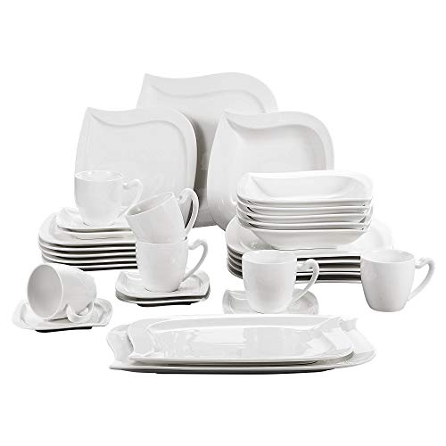 MALACASA, serie Elvira, 32 piezas Vajillas de porcelana,6 tazas de café,6 platillos,6 platos de postre, 6platos hondos,6 plato llano y 2 Plato Rectangular vajilla para 6 personas