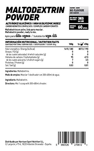 Maltodextrina de HSN | Carbohidrato de Alto Índice Glucémico, Ideal para la Carga de Carbohidratos, Combinar con Batidos de Proteína Post-Entreno, Vegano, Sin Gluten, Sin Lactosa, Sin Sabor, 3Kg