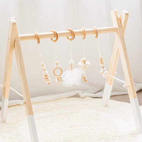 Mamimami Home Gimnasio de Madera para Bebés con 5 Juguetes para Bebés Baby Play Activity Gym Barra Colgante Marco Blanco Bola de Fieltro Regalo Recién Nacido (Blanco)