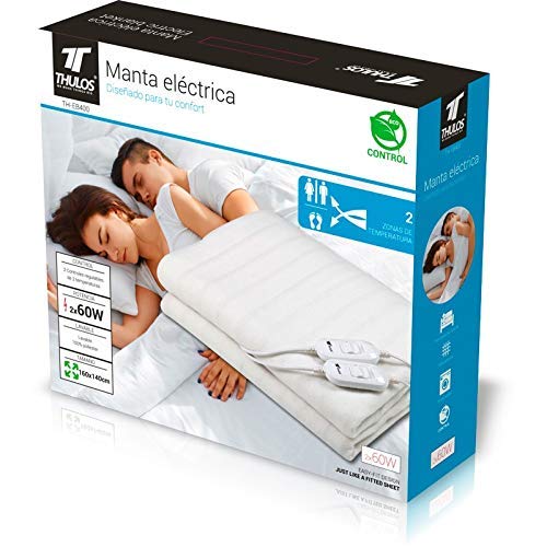 Manta eléctrica/Calentadora de cama, dimensiones: 160x140cm lavable. 2 Ajustes de temperatura. 2 controles regulables. Potencia: 2x60W. THULOS TH-EB400