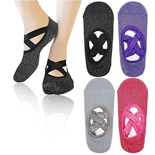 MaoXinTek Calcetines de Yoga 4 Pares Calcetines Antideslizantes para Yoga Pilates Ballet Barre Mujer 4 Colores