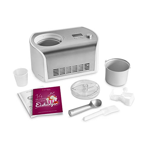 Máquina de Hacer Helados con Compresor de 1,2 litros ELLI, Recetas incluidas, Heladera de acero para yogur, Sorbete y Helado, 135 W, display LCD, temporizador, refrigeración