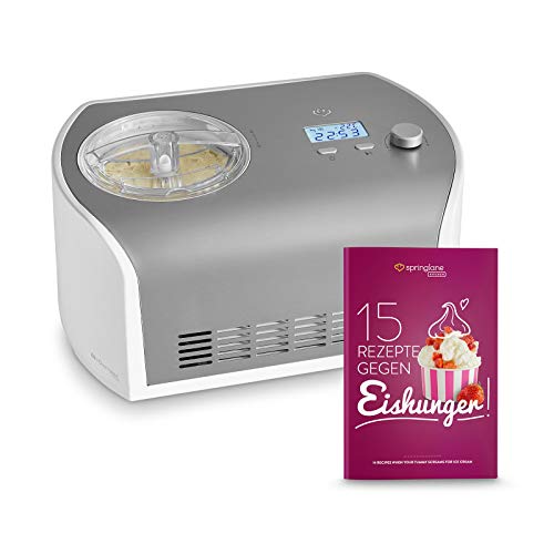 Máquina de Hacer Helados con Compresor de 1,2 litros ELLI, Recetas incluidas, Heladera de acero para yogur, Sorbete y Helado, 135 W, display LCD, temporizador, refrigeración