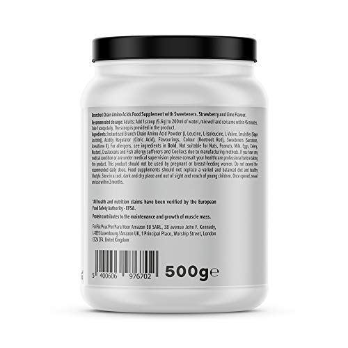 Marca Amazon - Amfit Nutrition Aminoácidos de cadena ramificada (BCAA), sabor a fresa y lima, 500 g (anteriormente PBN)