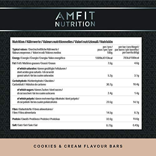 Marca Amazon - Amfit Nutrition Barra de proteína baja en azúcar (19,6gr proteina; 1,4gr azúcar), Cookies & Cream, Pack de 12 (12x60g)