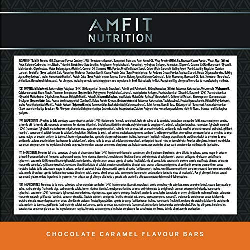 Marca Amazon - Amfit Nutrition Barrita de proteína baja en azúcar (19,6gr proteina - 1,6gr azúcar) - chocolate y caramelo - Pack de 12 (12x60g)