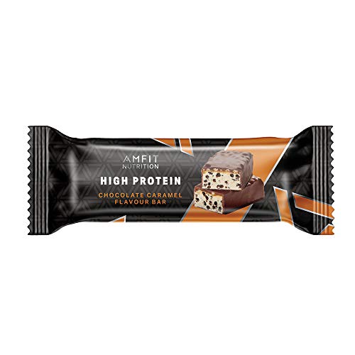 Marca Amazon - Amfit Nutrition Barrita de proteína baja en azúcar (19,6gr proteina - 1,6gr azúcar) - chocolate y caramelo - Pack de 12 (12x60g)