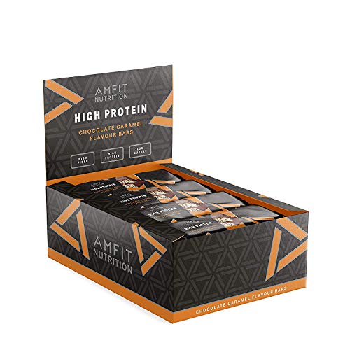 Marca Amazon - Amfit Nutrition Barrita de proteína baja en azúcar (19,6gr proteina - 1,6gr azúcar) - chocolate y caramelo - Pack de 12 (12x60g)