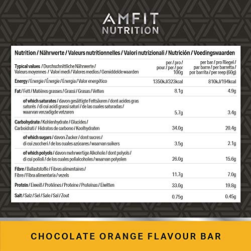 Marca Amazon - Amfit Nutrition Barrita de proteína baja en azúcar (19,8gr proteina - 2.1gr azúcar) - chocolate y naranja - Pack de 12 (12x60g)