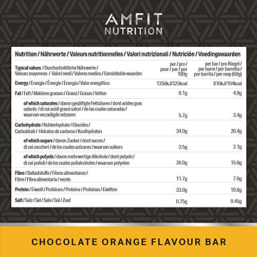 Marca Amazon - Amfit Nutrition Barrita de proteína baja en azúcar (19,8gr proteina - 2.1gr azúcar) - chocolate y naranja - Pack de 12 (12x60g) Marca Amazon - Amfit Nutrition Barrita de proteína baja en azúcar (19,8gr proteina - 2.1gr azúcar) - chocolate y naranja - Pack de 12 (12x60g)