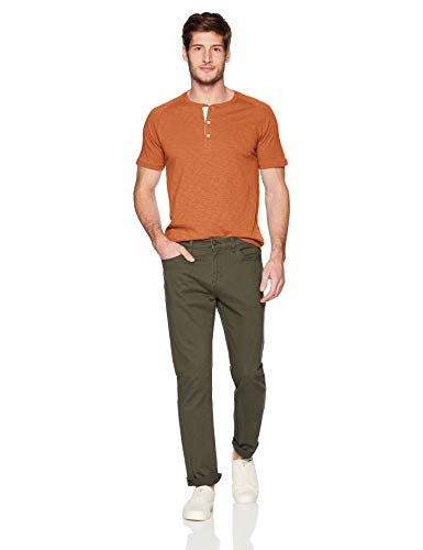 Marca Amazon - Goodthreads – Camiseta estilo Henley de algodón flameado de manga corta, ligera para hombre, Naranja (Rust), US M (EU M)