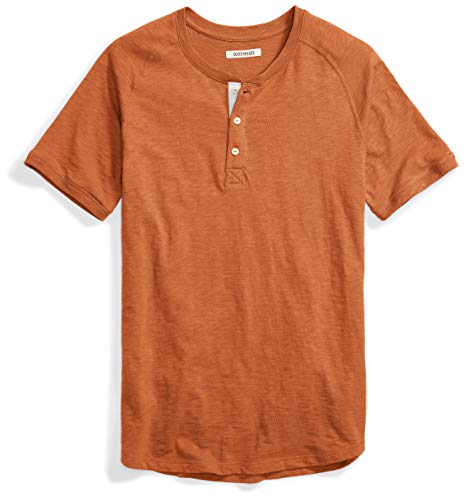 Marca Amazon - Goodthreads – Camiseta estilo Henley de algodón flameado de manga corta, ligera para hombre, Naranja (Rust), US M (EU M)