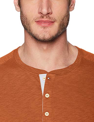 Marca Amazon - Goodthreads – Camiseta estilo Henley de algodón flameado de manga corta, ligera para hombre, Naranja (Rust), US M (EU M)