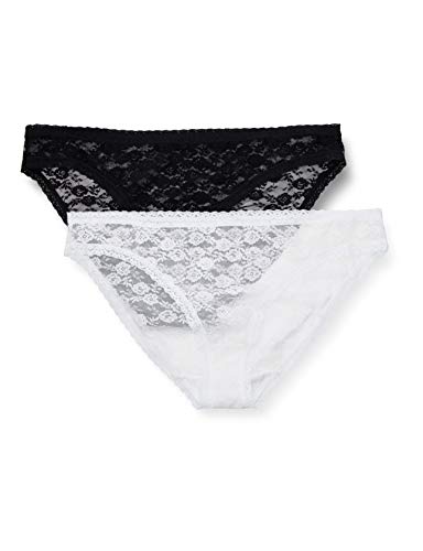 Marca Amazon - IRIS & LILLY Braguitas de Encaje Estilo Bikini Mujer, Pack de 2, Multicolor (White/Black), XS, Label: XS