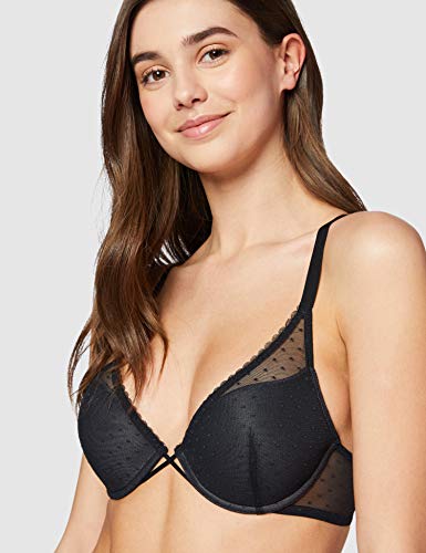 Marca Amazon - Iris & Lilly Sujetador de Tul Push Up Mujer, Negro (Black Beauty), 100A, Label: 38A