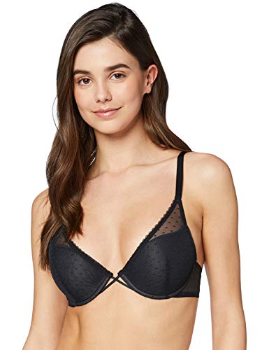 Marca Amazon - Iris & Lilly Sujetador de Tul Push Up Mujer, Negro (Black Beauty), 100A, Label: 38A