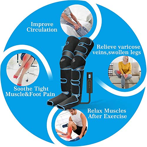 Masajeador de piernas, compresión de aire para piernas con controlador de mano 6 modos 3 intensidades, masajeador de piernas y pies recargable por USB para masaje de pantorrillas/pies/muslos
