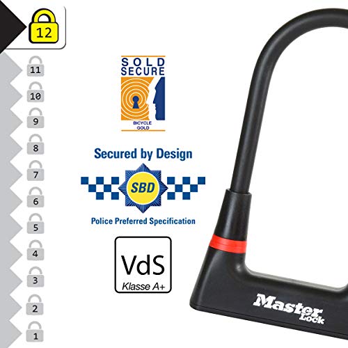 MASTER LOCK 8279EURDPRO Candado U, Llave, Soporte de Transporte, Antirrobo Certificado, Electrica, Bicicleta Montaña, Unisex-Adult, Negro-Negro, Large