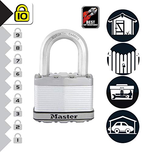 Master Lock M15EURDLFCC Candado Seguridad Llaves Acero Laminado Exterior, Arco Medium, Adecuado para Portales, Garages, Sótanos, 64 mm
