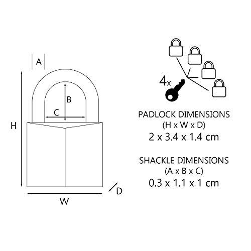 MASTER LOCK Mini Candado [Llave] [Lote de 4] [Paquete Familiar] 9120EURQBLKNOP - Ideal para Maleta, Valija, Taquilla